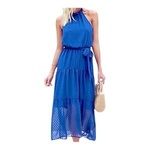 PRETTYGARDEN Solid Blue Halter
Neck Chiffon Sleeveless Dress Small
Boho Long